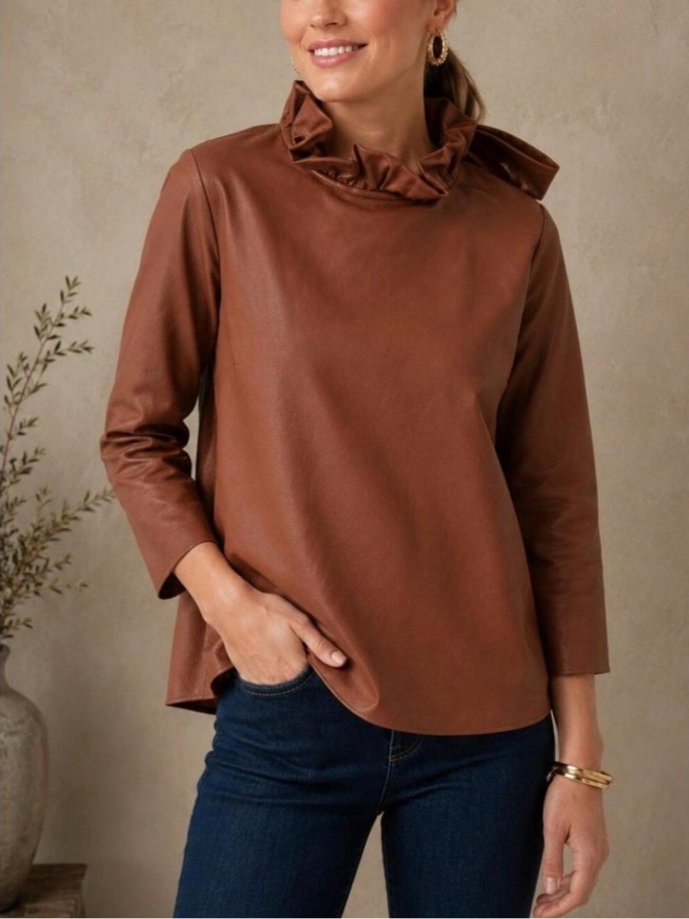 Tuckernuck Faye Faux Leather Top Women Large Brown Ruffle Tie Back Blouse Chic